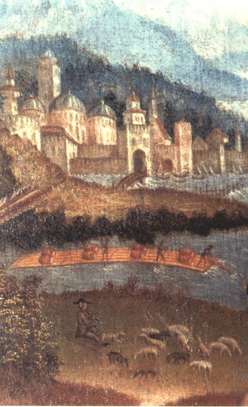 raft on the brenta river 1529 ca in chiesa parrocchiale di oliero by francesco da ponte la pieta con i santi rocco e sebastiano detail